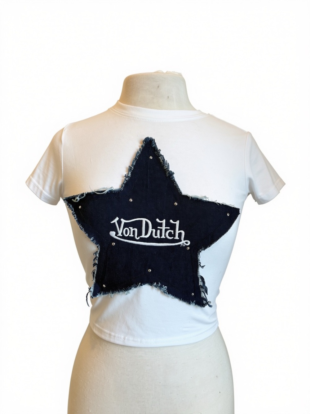 Von Dutch White Tee with Denim Star Patch and Studs